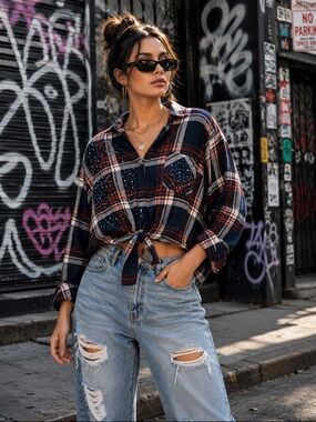 New Look Navy, Red & White Plaid Tie-Front Top with Stud Accents
